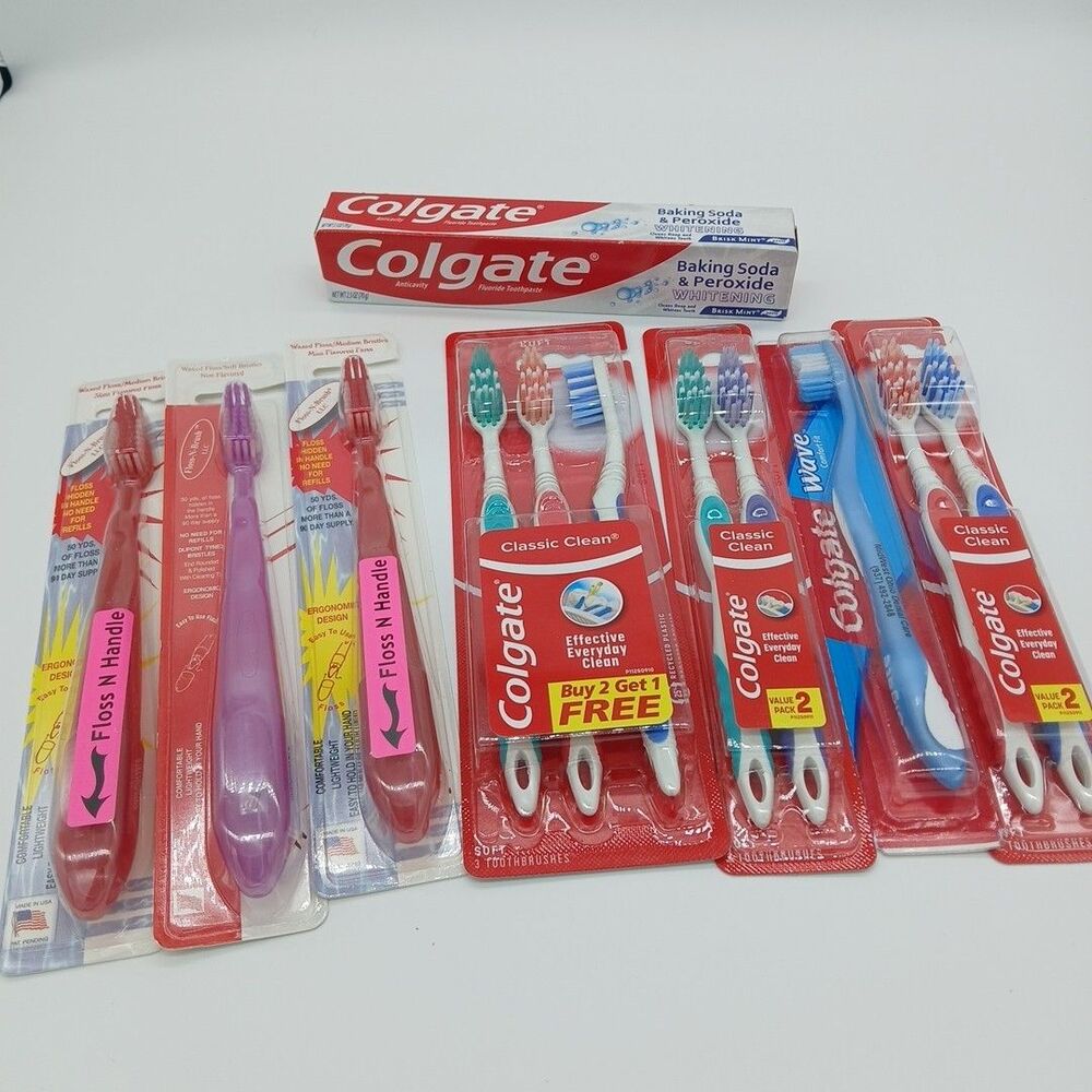 Lot Of 8 COLGATE TOOTHPASTE & 8 Colgate TOOTHBRUSHES & 3 TB W/Floss In Handle